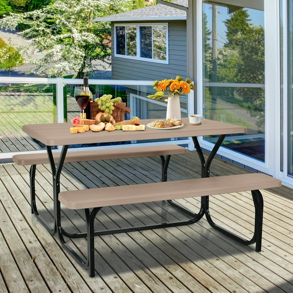 Costway Picnic Table Bench Set Outdoor Backyard Patio Garden Party Dining All Weather Brown