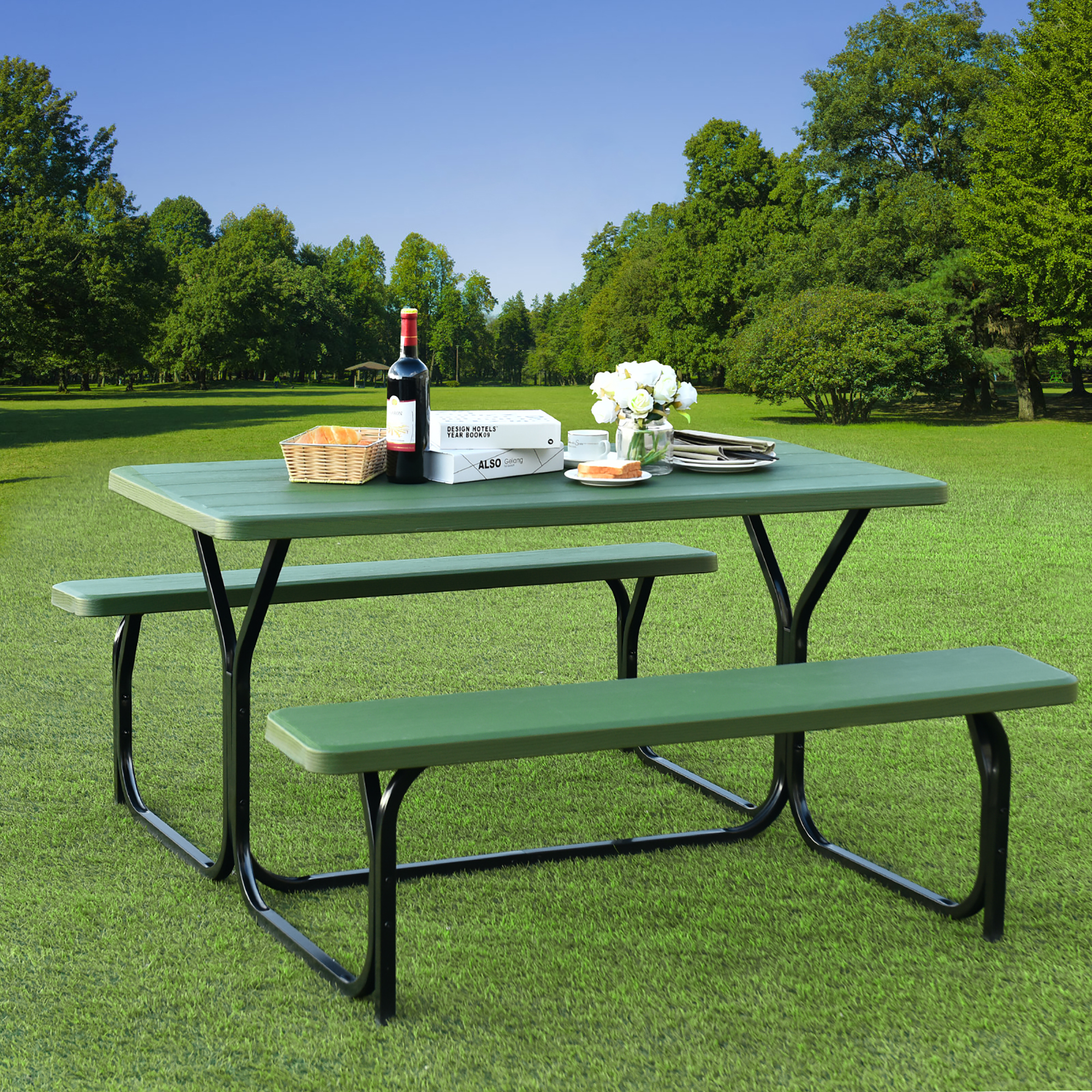 Costway Picnic Table Bench Set Outdoor Backyard Patio Garden Party Dining All Weather Green - image 1 of 10