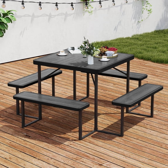 Costway Picnic Table Bench Set for 4-8 People with Umbrella Hole All-Weather HDPE Tabletop Black