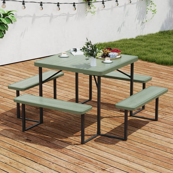 Costway Picnic Table Bench Set for 4-8 People with Umbrella Hole All-Weather HDPE Tabletop Green