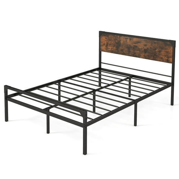 Costway Platform Full Bed with Rustic Headboard & Footboard Strong Metal Slat Support