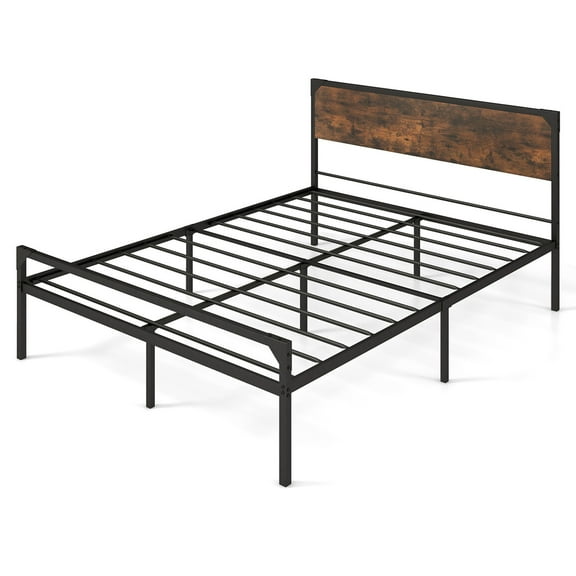 Costway Platform Queen Bed with Rustic Headboard & Footboard Strong Metal Slat Support