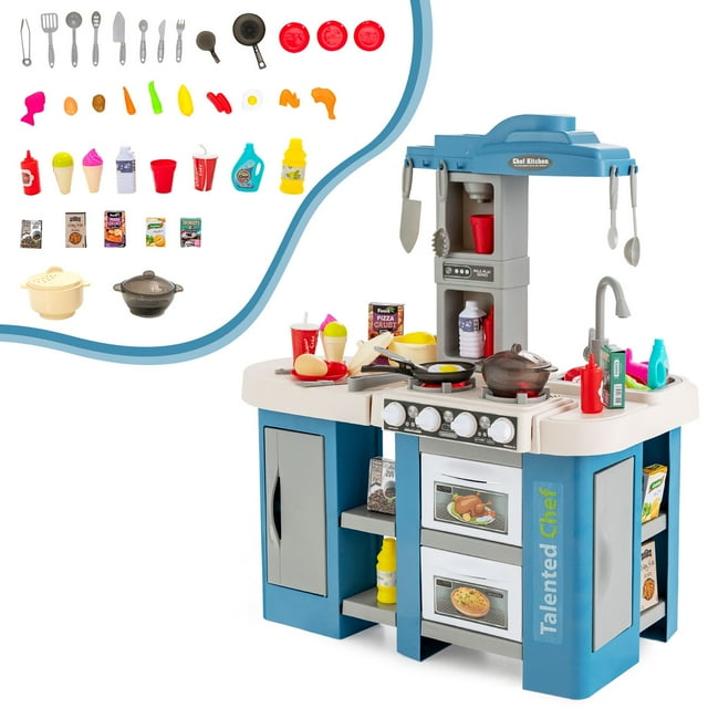 Costway Play Kitchen Set 67 PCS Kitchen Toy For Kids W/Food &Realistic Lights & Sounds Blue