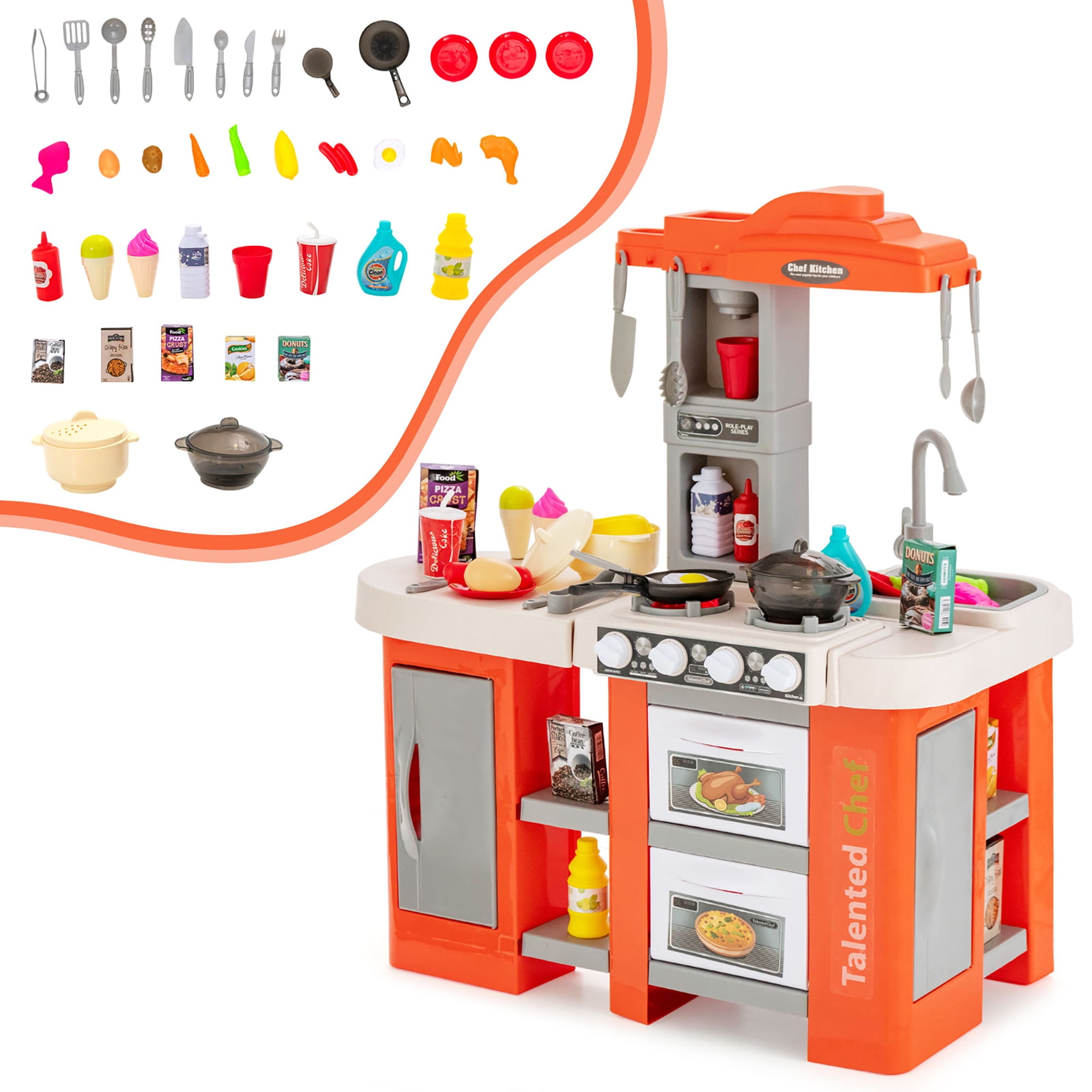 Qaba Play Kitchen Set for Kids w/ Apron and Chef Hat, Ice Maker White