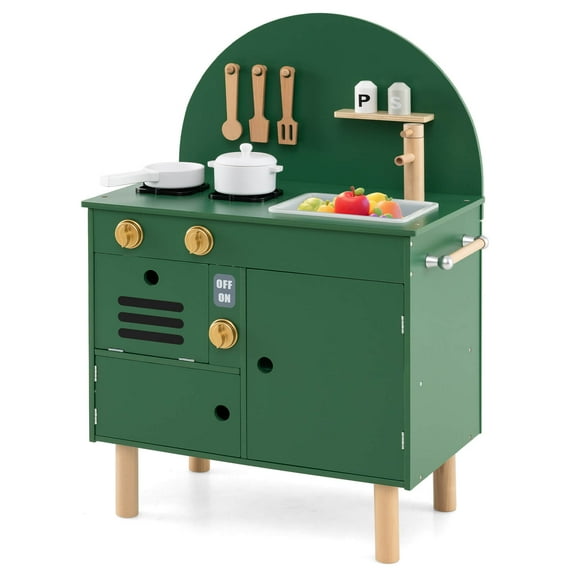 Costway Play Kitchen for Kids with Stoves Faucet Sink Microwave Oven Cooking Accessories Green