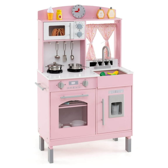 Costway Play Kitchen with 3 Adjustable Heights, Microwave, Stoves, Sink, Oven, Ice Maker Pink
