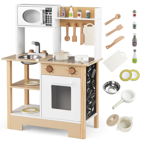 Costway Play Kitchen with Chalkboard Microwave Stove Dish Rack Faucet Sink Accessories White + Natural