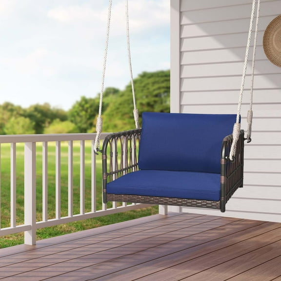 Costway Porch Swing Chair Rattan Woven Hanging Bench Seat with Cushions Hooks Balcony Navy