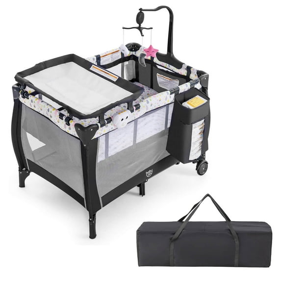 Costway Portable Baby Playard Nursery Center Crib Bassinet with Hanging Toys & Music Box Colorful