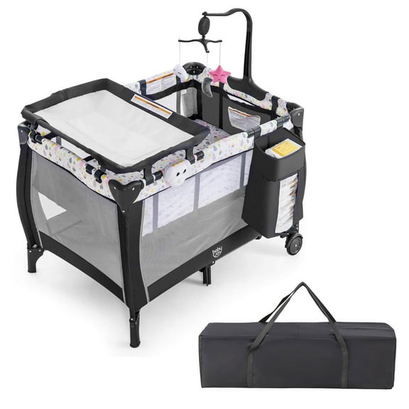 Costway Portable Baby Playard Nursery Center Crib Bassinet with Hanging Toys & Music Box Colorful