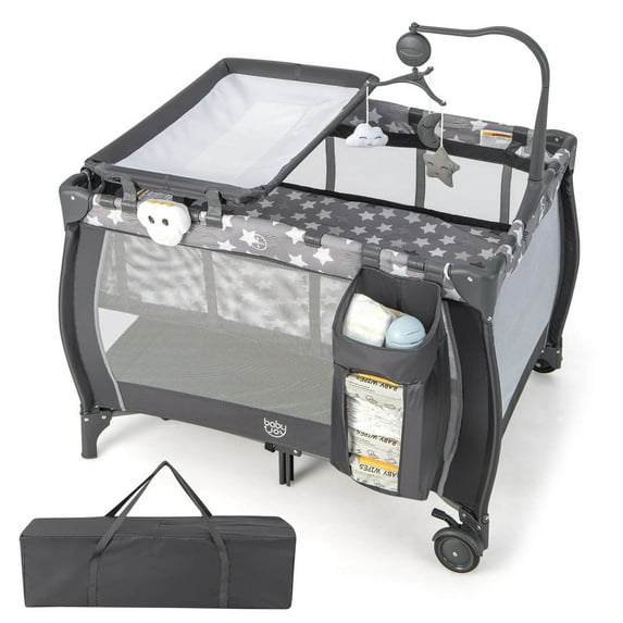Costway Portable Baby Playard Nursery Center Crib with Hanging Toys & Music Box Gray