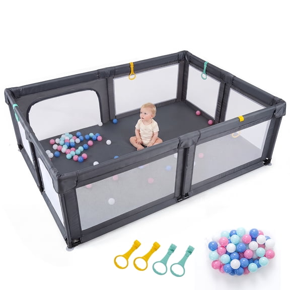 Costway Portable Baby Playpen, Large Baby Play Yard with 50 Ocean Balls, 4 Pull Rings Gray