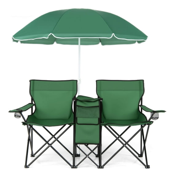 Costway Portable Folding Picnic Double Chair with Umbrella Table Cooler Beach Campingļ¼Green Green