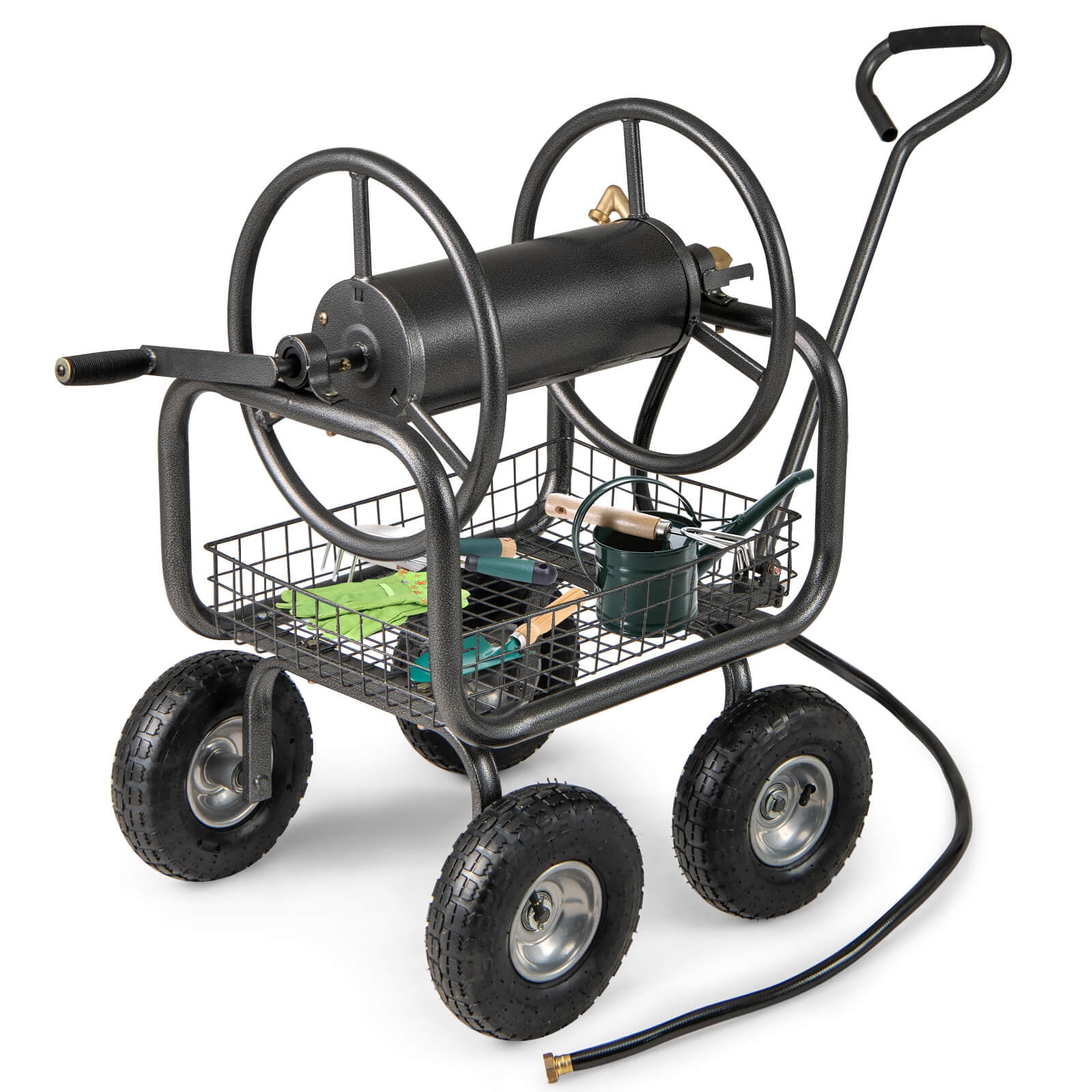 Costway Portable Hose Reel Cart with 300 ft of 5/8” Large Capacity Storage Basket for Lawn
