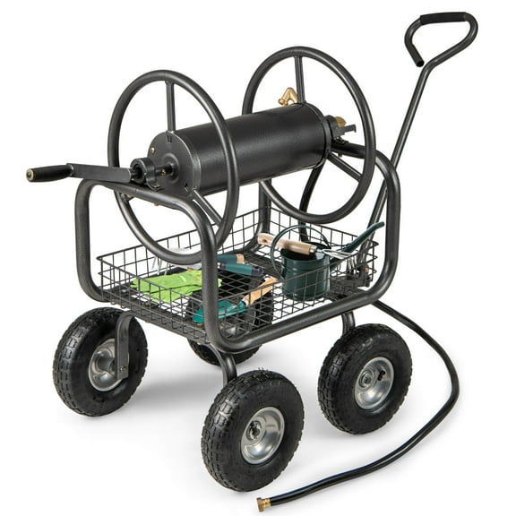 Costway Portable Hose Reel Cart with 300 FT of 5/8 Large Capacity Storage Basket for Lawn
