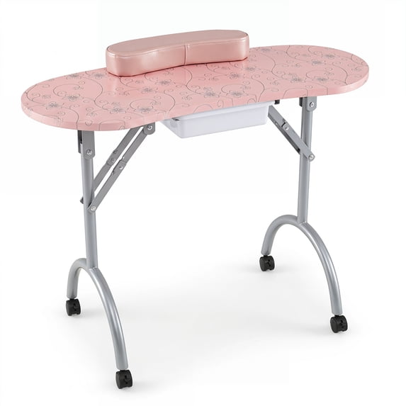 Costway Portable Nail Table Station with Oxford Bag Case Sliding Drawer Leather Hand Pillow Pink