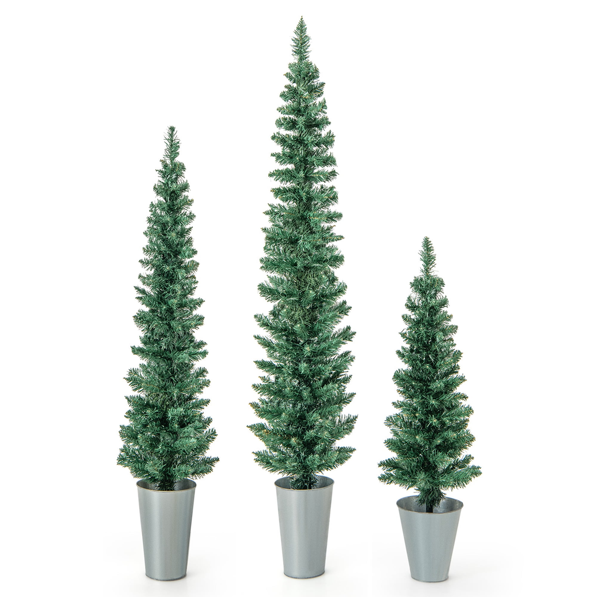 Set of 3 Slim Green and Silver Potted PVC Christmas Trees