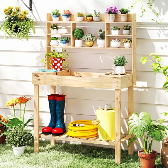 Costway Potting Bench Table Wooden Garden Work Bench Platform with Display Rack Hidden Sink Off-White 40in x 18in x 60in