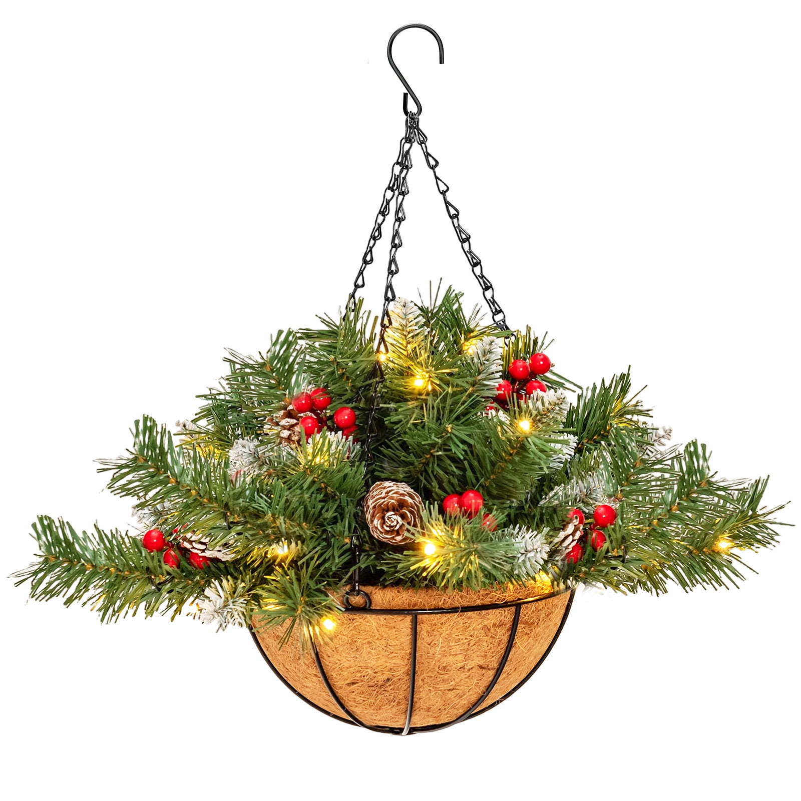 Costway PreLit Artificial Christmas Hanging Basket w/ Pine Cones Red
