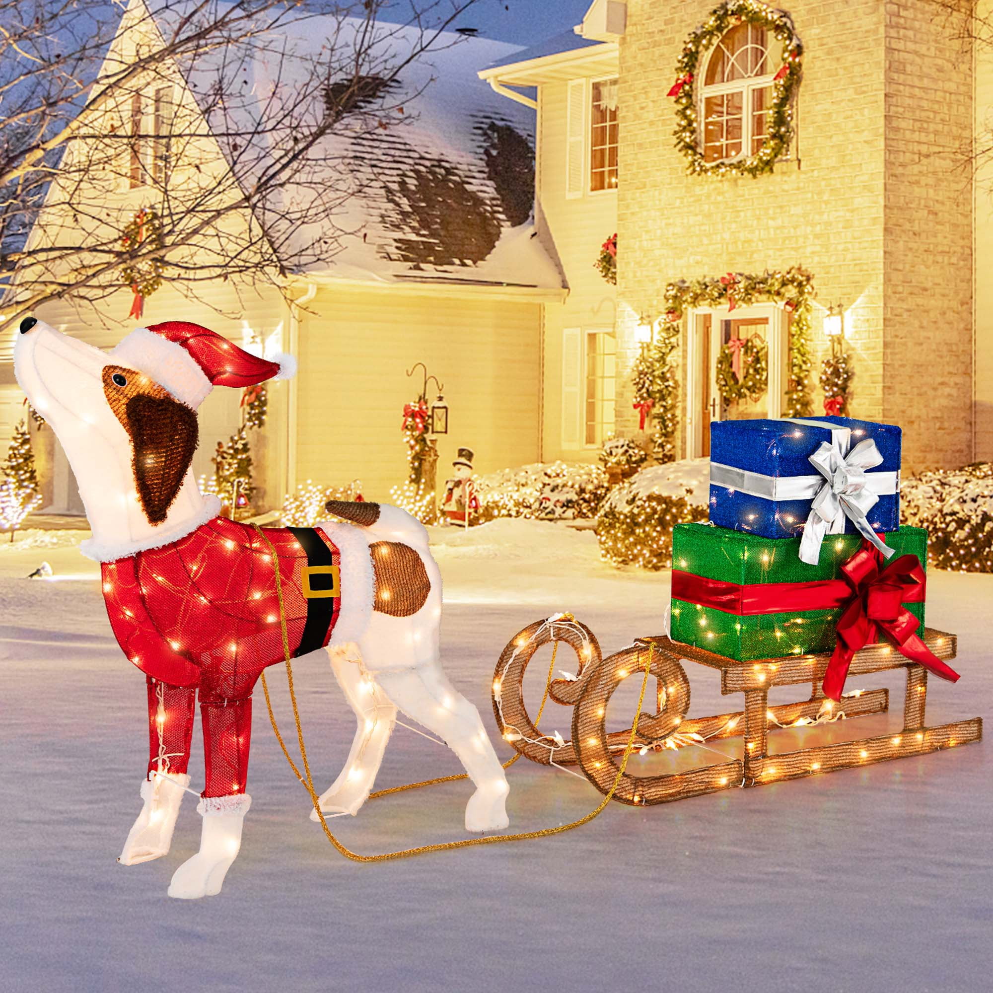 Costway Pre-Lit Christmas Dog Sleigh ORNAMENTS And Gift Boxes Combo For