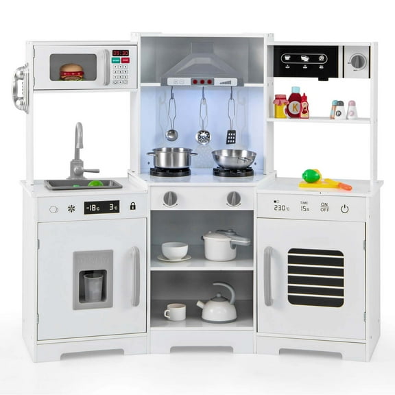 Costway Pretend Play Kitchen for Kids Toddler Aged 3+ Wooden Toy Set with Range Hood White