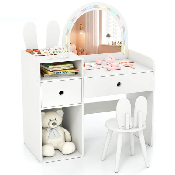 Costway Princess Bunny Makeup Table with Lighted Mirror, Open Shelves and Storage Drawers White