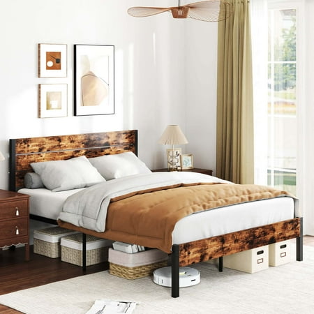 Costway Queen Bed Frame with Tall Industrial Headboard Heavy-Duty Metal Slats Support - Brown