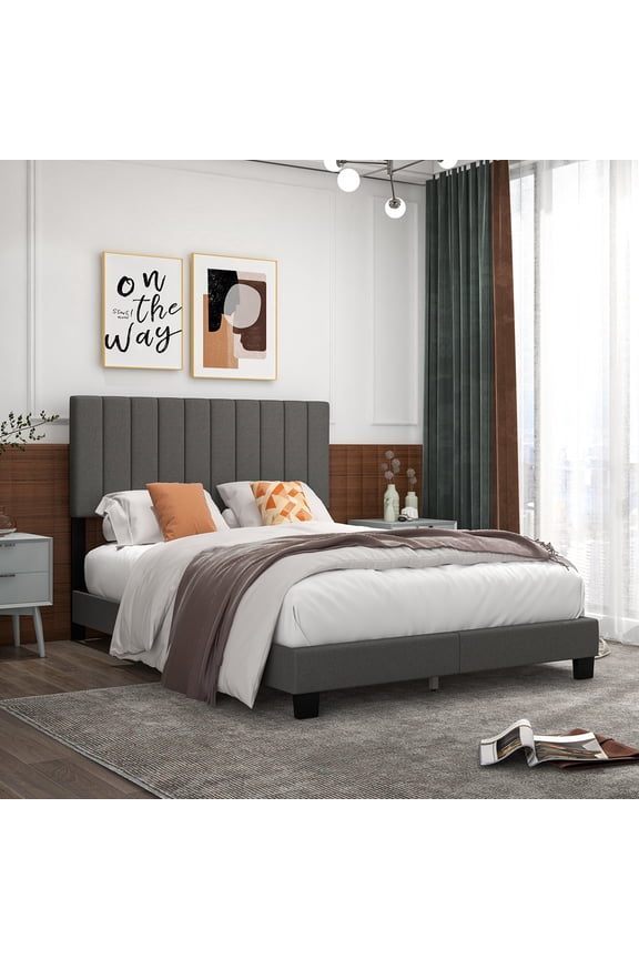 Queen Modern Wood Fabric Platform Bed, Gray