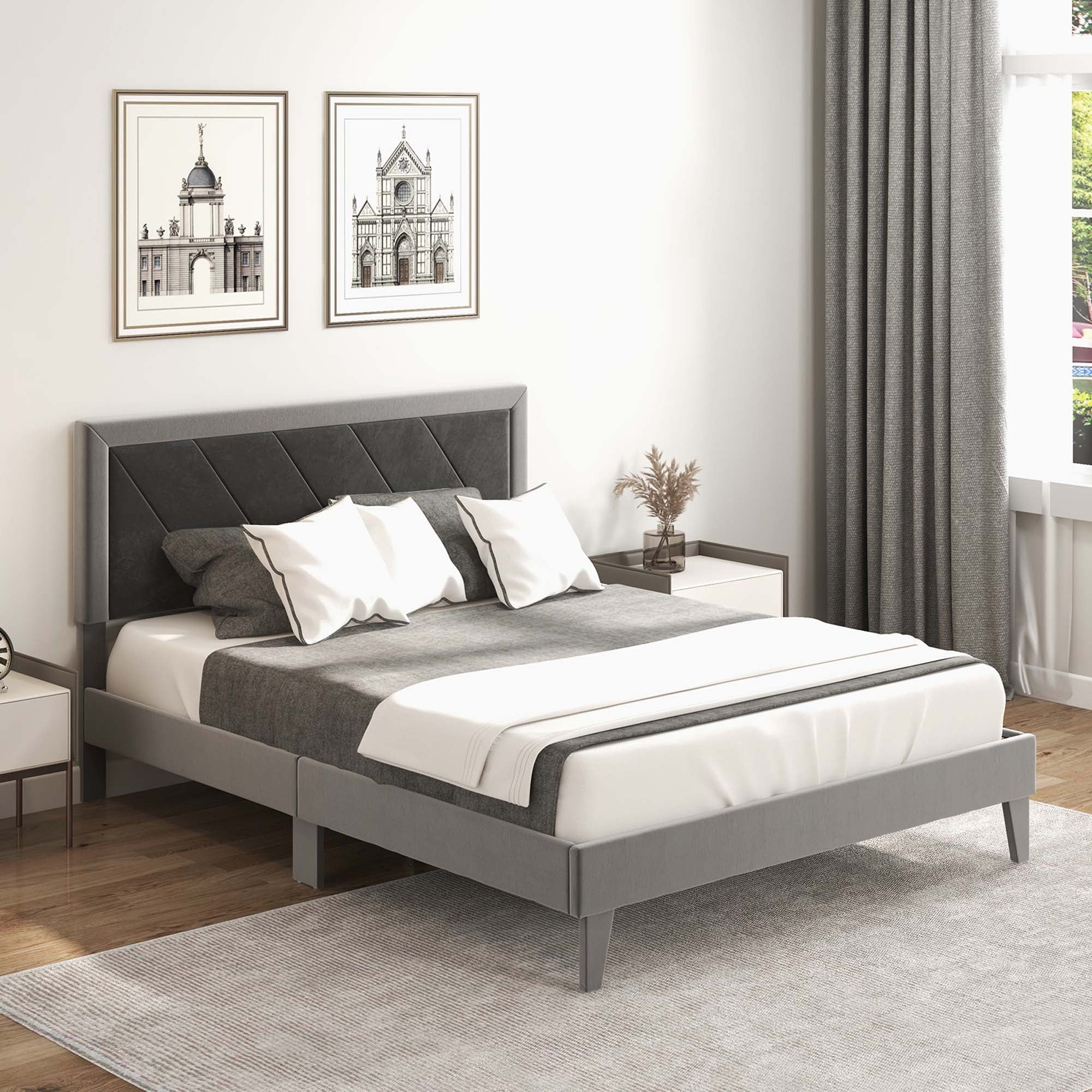 Costway Queen Size Bed Frame Upholstered Platform Velvet Headboard
