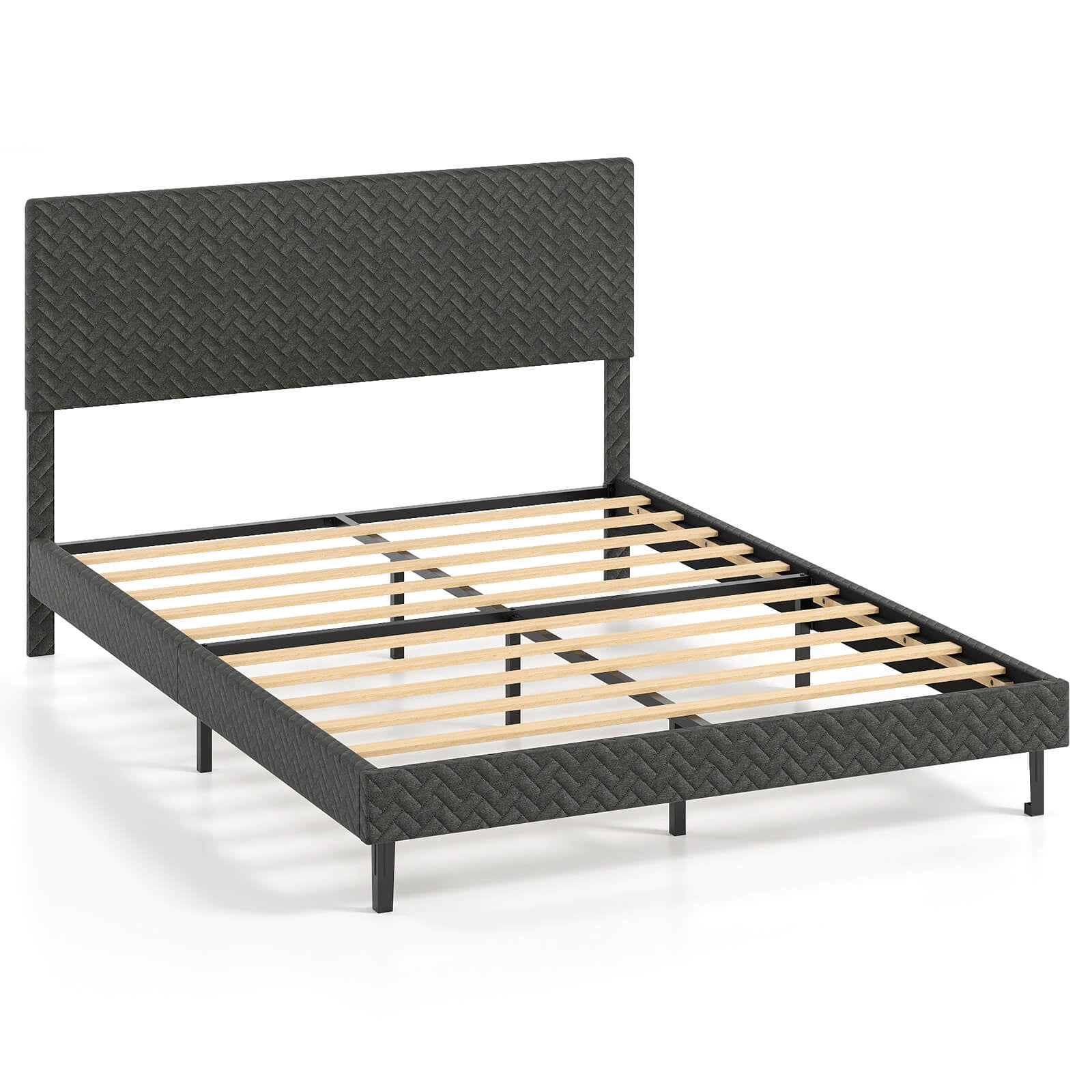Costway Queen Size Bed Frame with Height Adjustable Chevron Headboard, No Box Spring Needed Gray