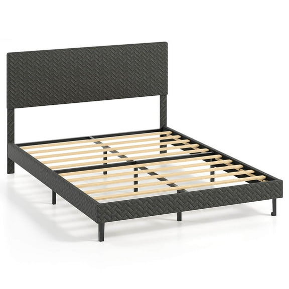 Costway Queen Size Bed Frame with Height Adjustable Chevron Headboard, No Box Spring Needed Gray
