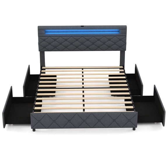 Costway Queen Size Bed Frame with Led Lights & Charging Station & Modern Upholstered Bed