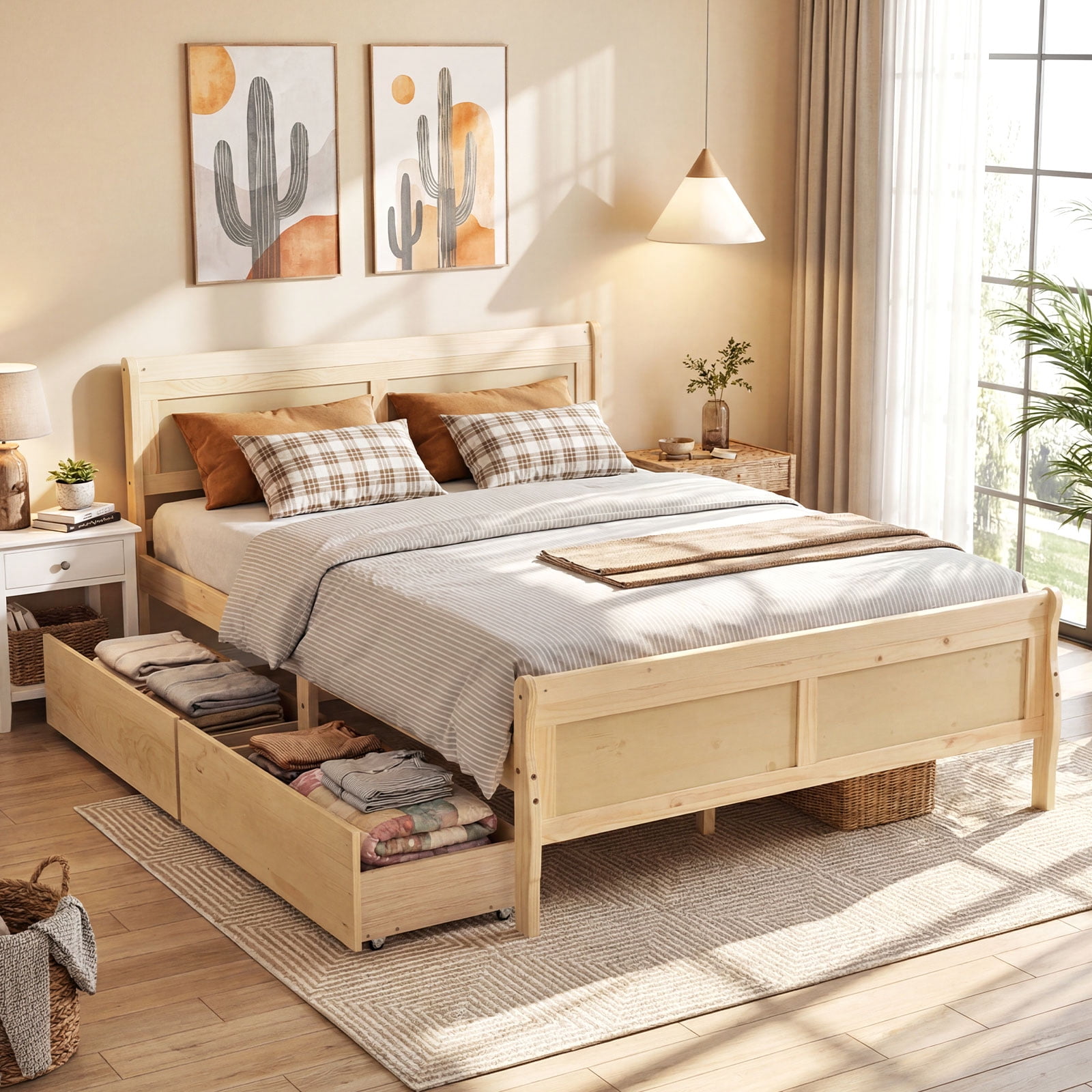Costway Queen Size Bed Frame with Storage Drawers, Wood Platform Bed ...