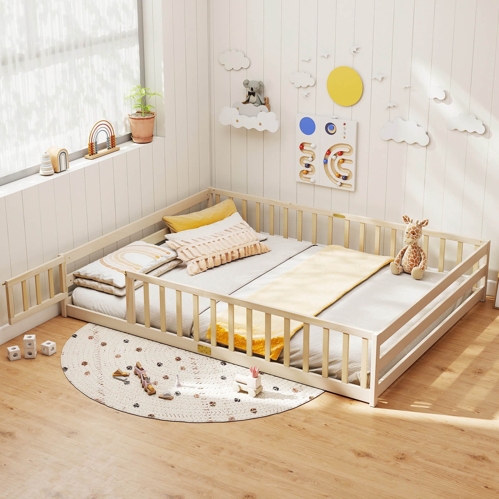 Costway Queen Size Floor Bed with Full Length Safety Guardrails & Door for Boys, Girls Natural