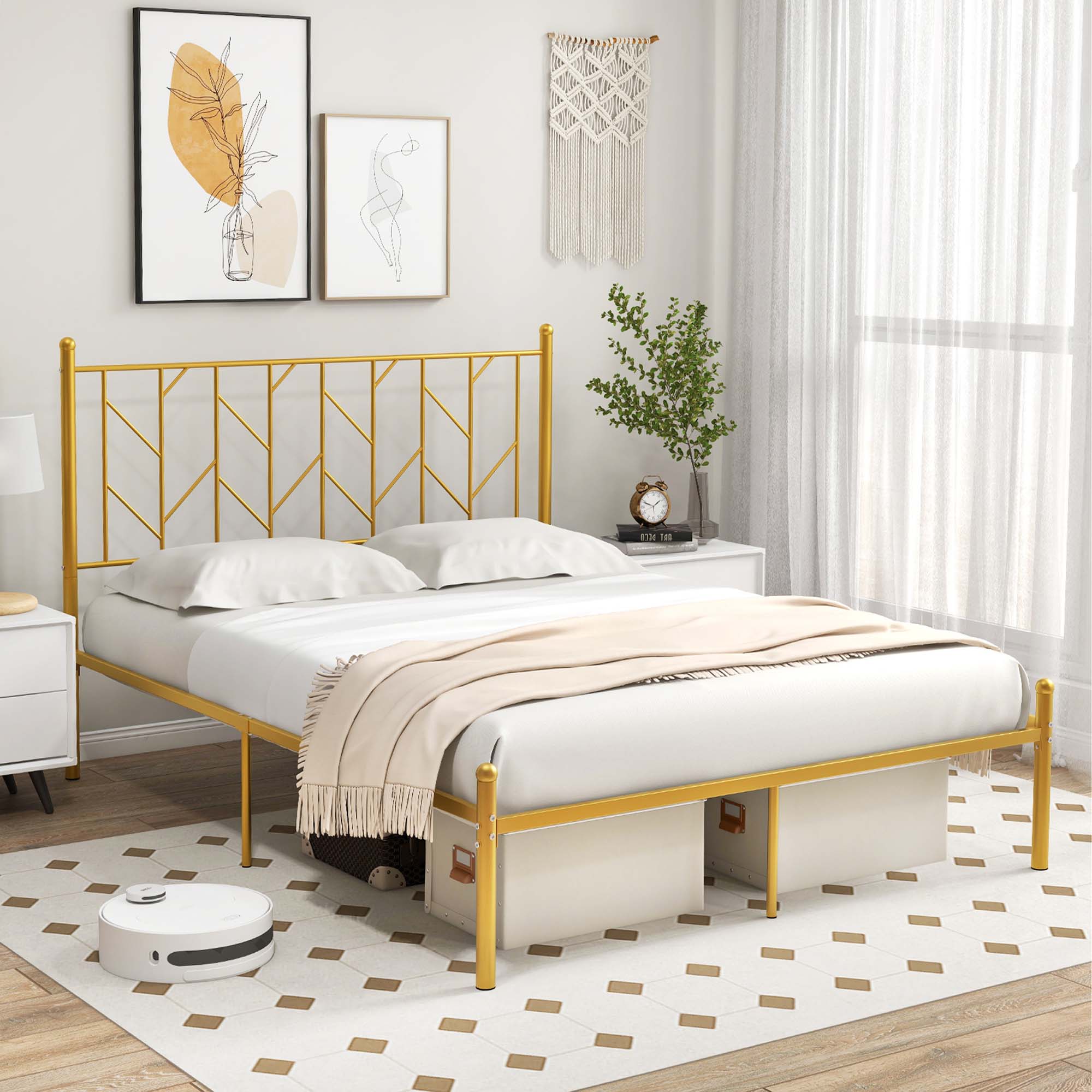 Costway Queen Size Metal Platform Bed Frame Vintage Headboard Mattress