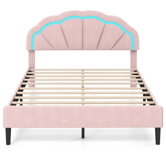 Costway Queen Size Upholstered LED Bed Frame Soft Velvet Platform Bed with Flower Headboard