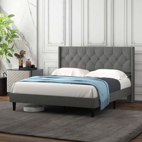 Costway Queen Size Upholstered Platform Bed Button Tufted Headboard Mattress Foundation