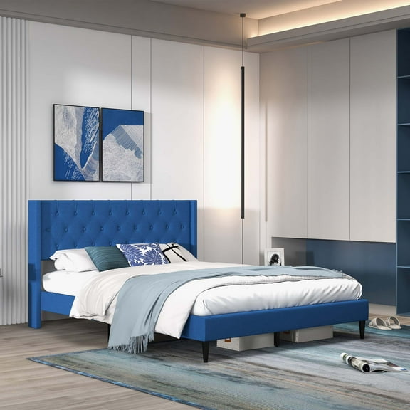 Costway Queen Size Upholstered Platform Bed with Button Tufted Wingback Headboard Blue