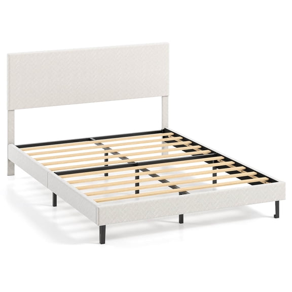 Costway Queen Size Velvet Bed Frame with Height Adjustable Chevron Headboard,Noise Free Beige