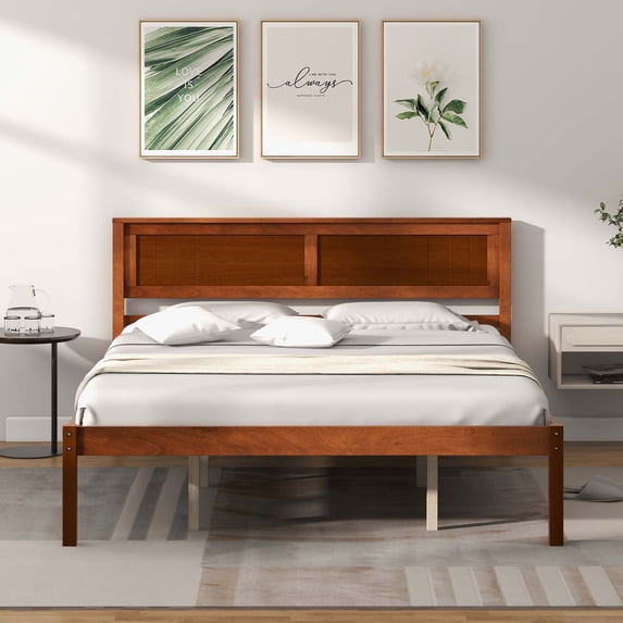 Costway Queen Size Wooden Platform Bed Frame with Headboard Mattress Foundation Walnut
