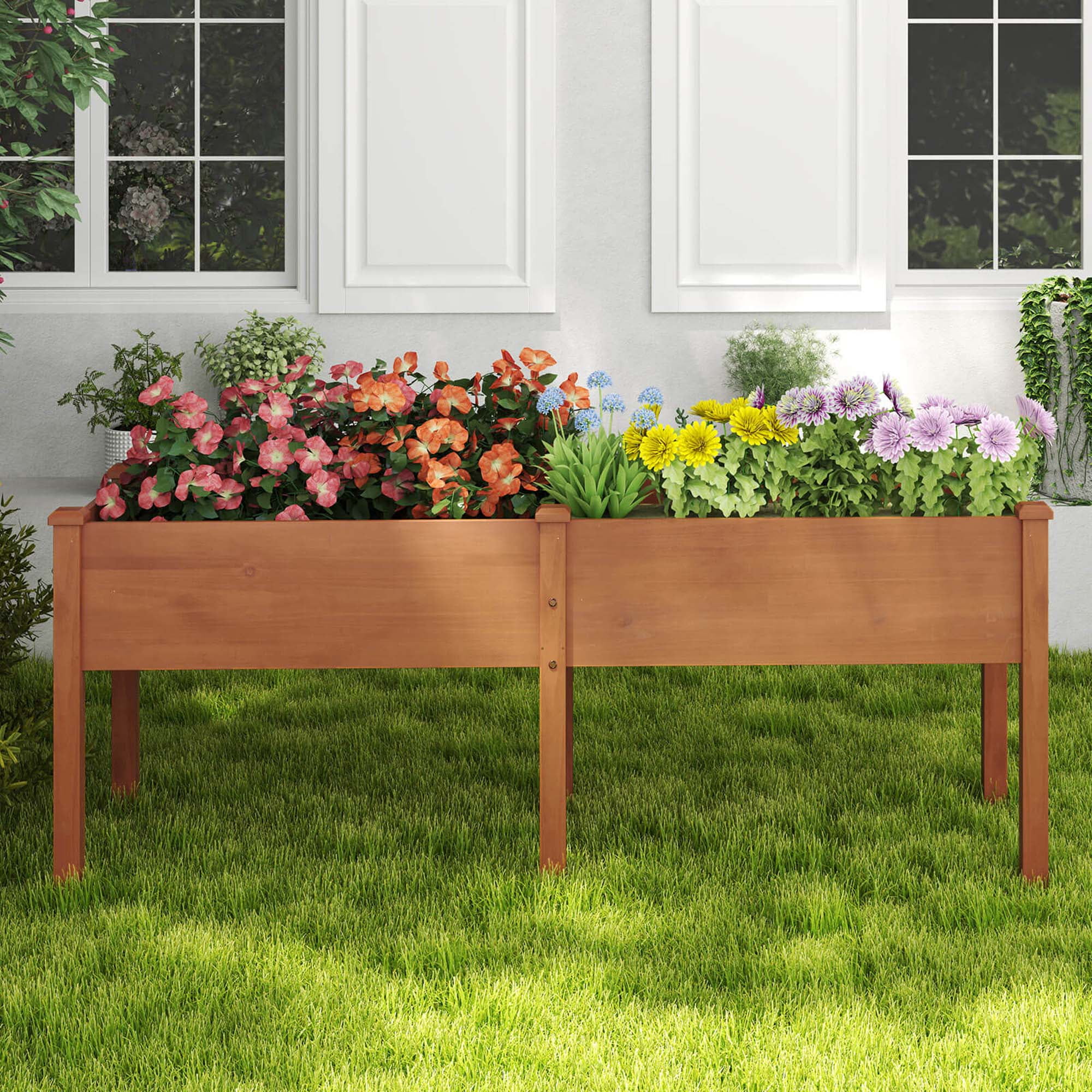 Costway Raised Garden Bed Elevated Fir Wood Planter Box with 2 Large Planting Areas Brown