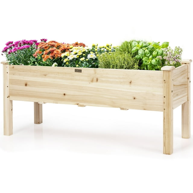 Costway Raised Wooden Garden Bed, Outdoor Deck Elevated Planter Box for ...