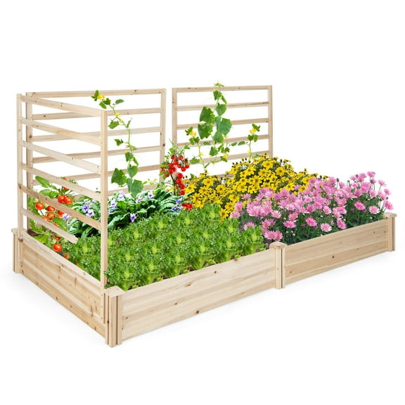 Costway Raised Garden Bed with 3 Trellises with Divided Compartments for Flowers Natural