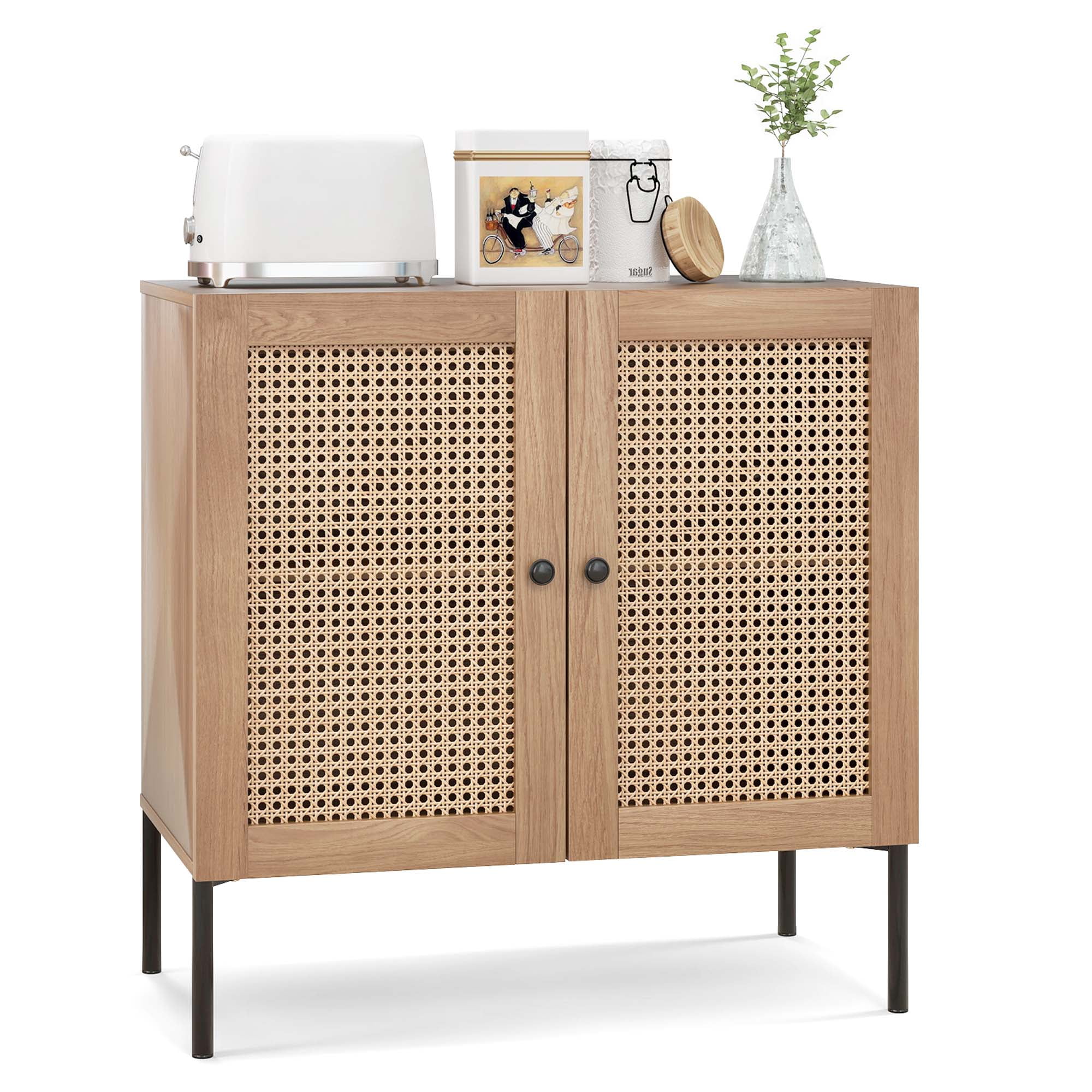 Oak and Rattan Adjustable Shelf Sideboard Cabinet