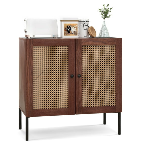 Costway Rattan Buffet Sideboard  Cabinet Cupboard with Adjustable Shelf Walnut