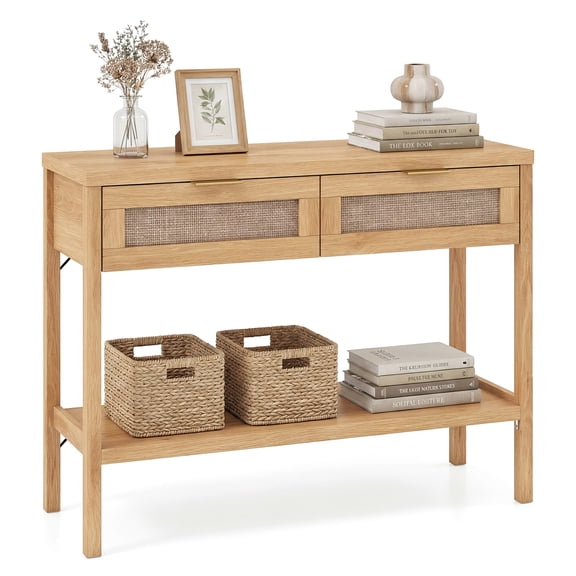 Costway Rattan Console Table with 2 Drawers, Shelf & 2 Anti-Tipping Kits for Small Space Natural