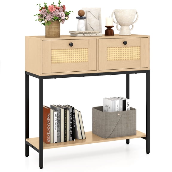 Costway Rattan Console Table with 2 Rattan Drawers & Open Storage Shelf Metal Legs Oak