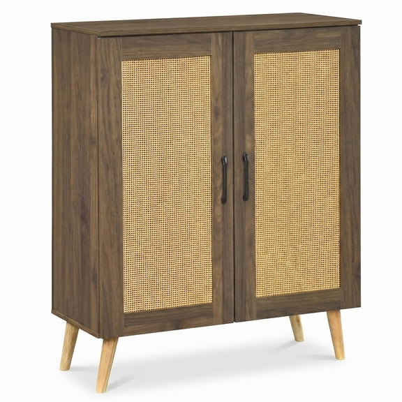 Costway Rattan Shoe Cabinet with 3 Removable Shelves,5-Tier Narrow Cabinet Wood Legs,Walnut