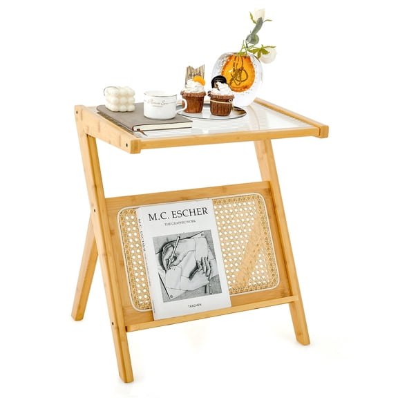 Costway Rattan Side Table Bamboo Accent Bedside Table with Tempered Glass Top Natural
