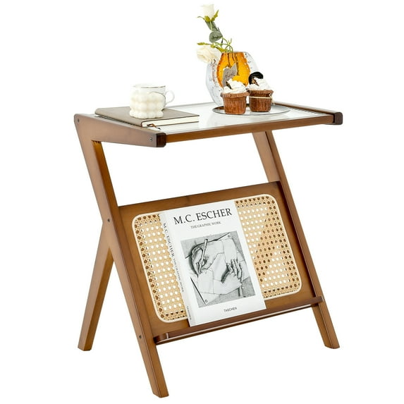 Costway Rattan Side Table Bamboo Accent Bedside Table with Tempered Glass Top Walnut